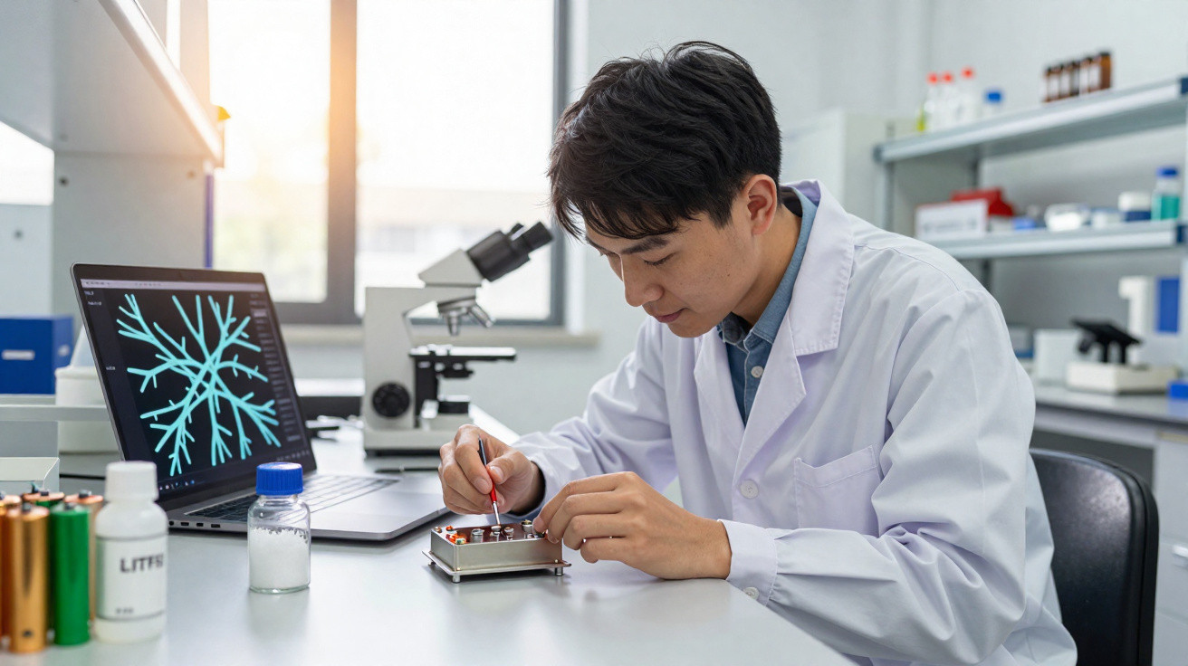 Homem de jaleco branco trabalhando com componentes eletrônicos em laboratório moderno com computador e microscópio.