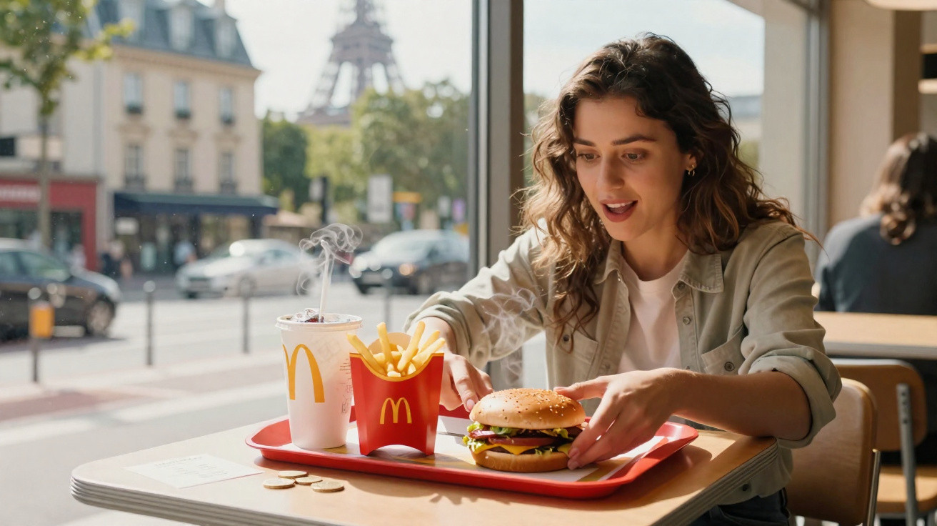 Mulher sentada em restaurante McDonald's sorrindo ao pegar hambúrguer em bandeja com batata frita e refrigerante.
