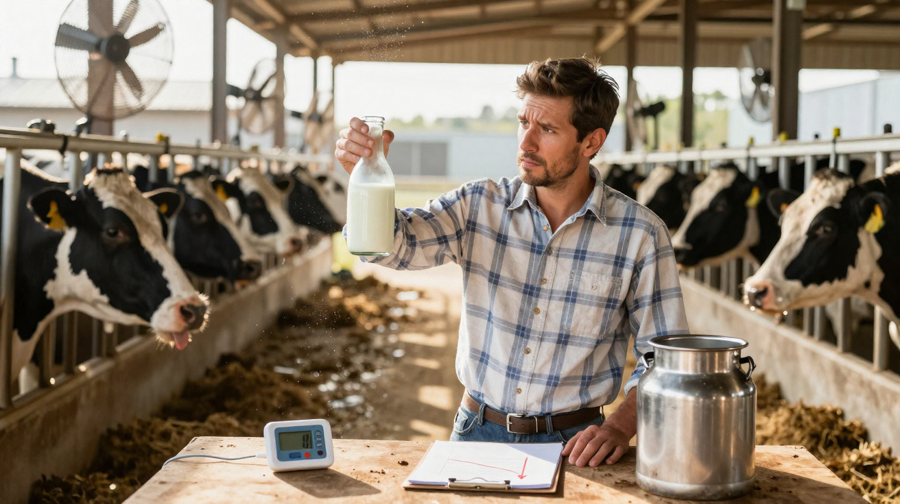 Homem em fazenda analisando garrafa de leite ao lado de vacas em ordenha.