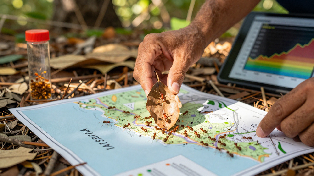 Mãos manipulando folha com formigas sobre mapa, frasco pequeno e tablet ao fundo em ambiente externo.