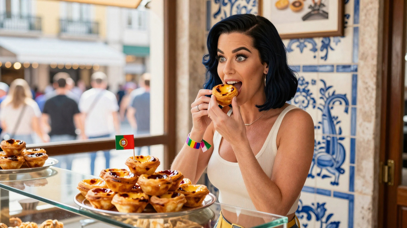 Mulher com cabelo azul comendo pastel de nata em loja decorada com azulejos portugueses.