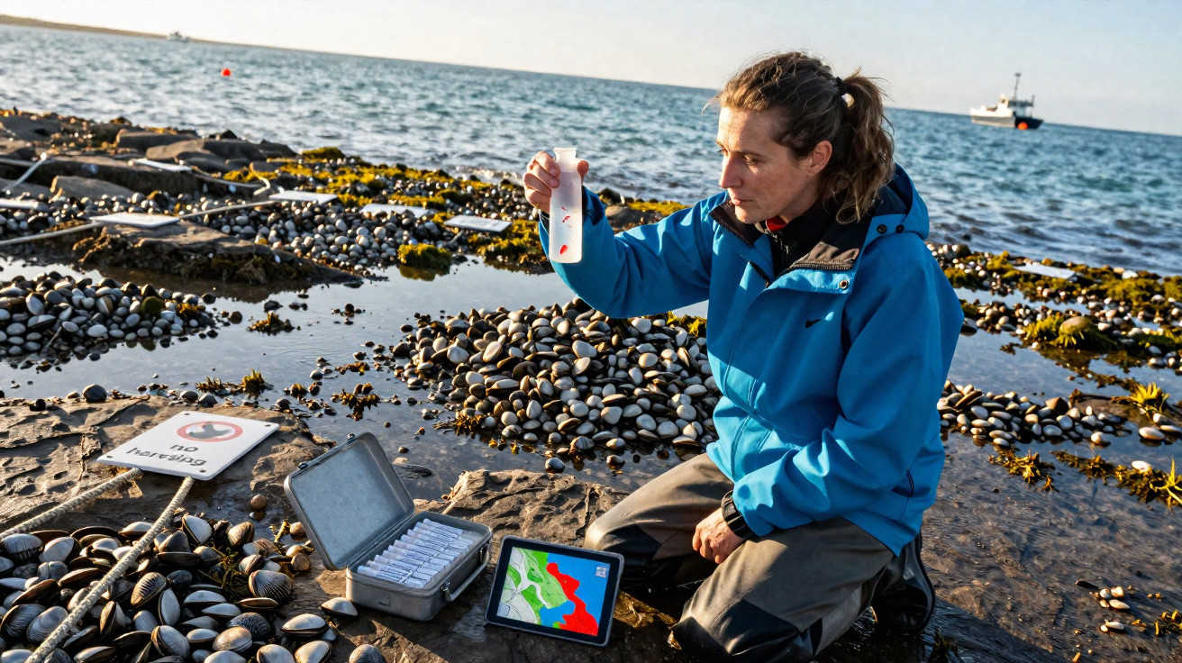 Mulher coleta amostra de água no litoral rochoso com tablet e kit de teste ambiental ao lado.