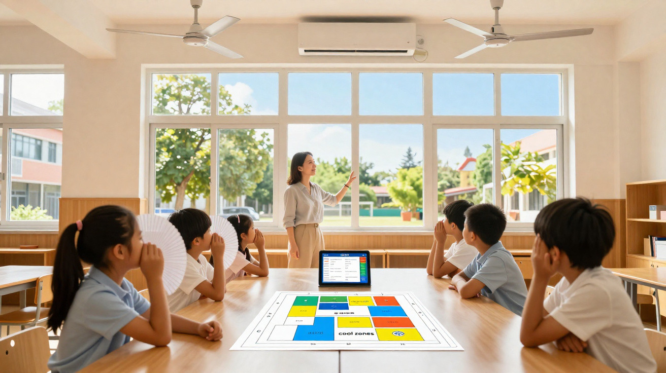 Sala de aula com seis alunos atentos a professora junto a grande janela iluminada e mesa com laptop e jogo educativo.