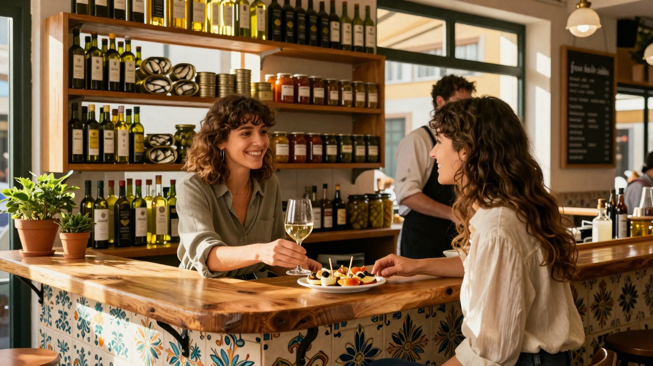Duas mulheres conversando em balcão de bar com petiscos e bebidas, ambiente iluminado e decorado.