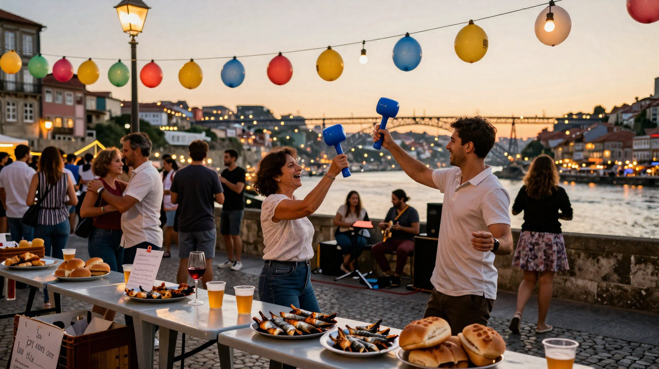 Pessoas celebrando festa ao ar livre com comidas, bebidas e decoração colorida junto ao rio ao entardecer.
