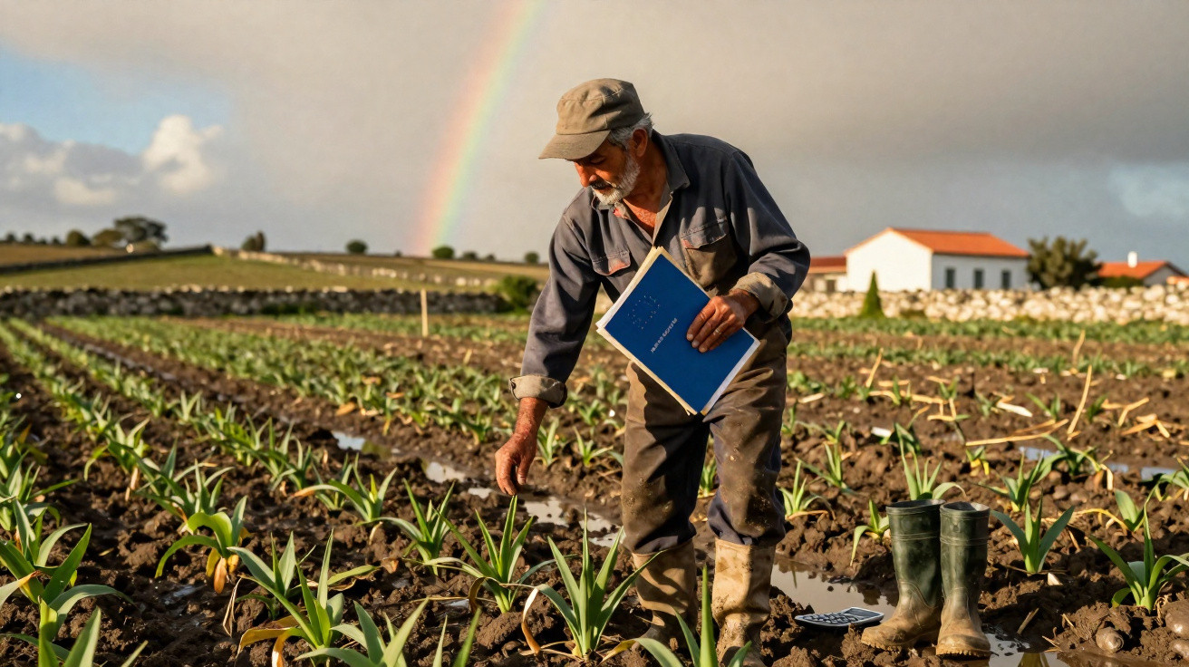 Agricultor com caderno na mão verifica plantas jovens em lavoura sob arco-íris ao fundo.