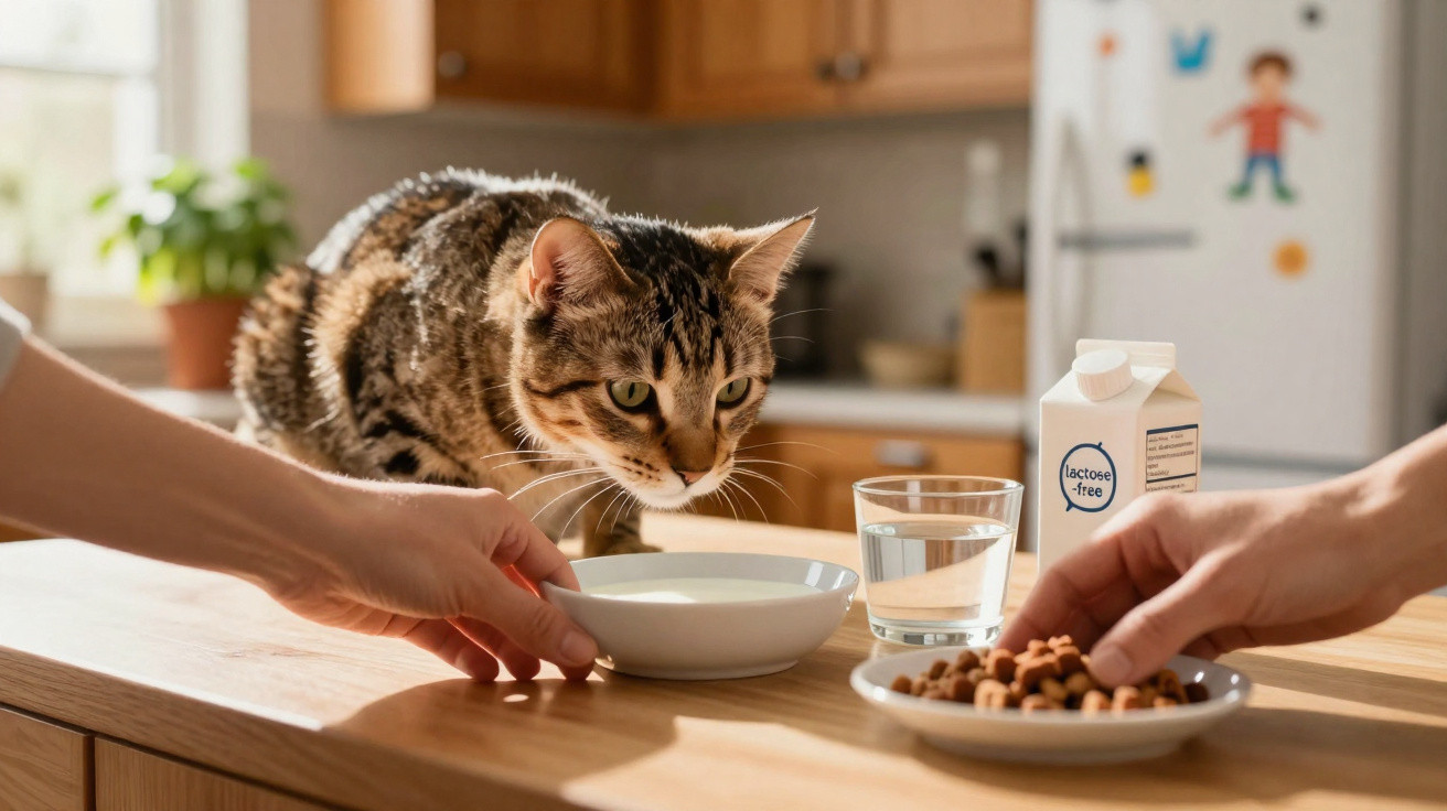 Gato marrom focado em prato com leite, enquanto duas mãos colocam tigelas em cima da mesa de cozinha.