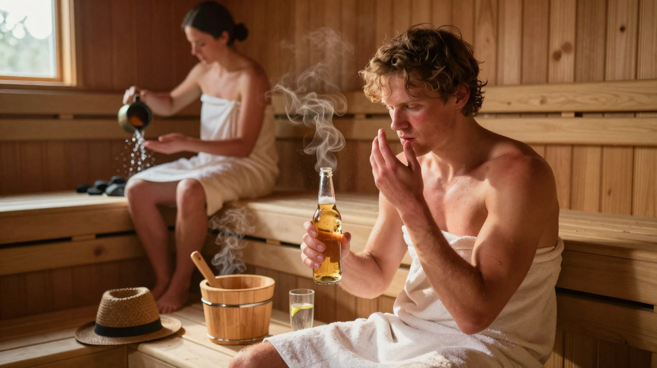 Homem e mulher em sauna de madeira, homem segurando garrafa e mulher despejando água nas pedras.