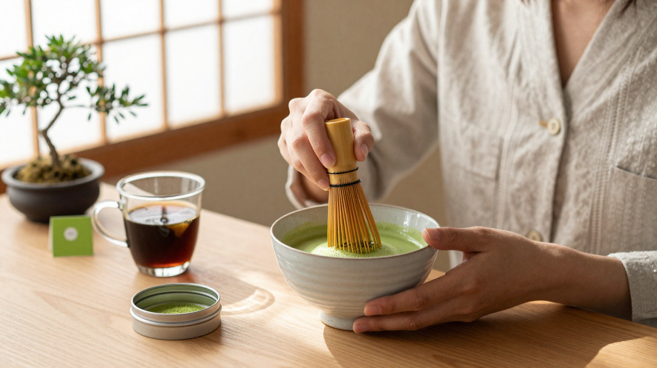 Pessoa preparando chá matcha em uma tigela com batedor de bambu em mesa de madeira clara.