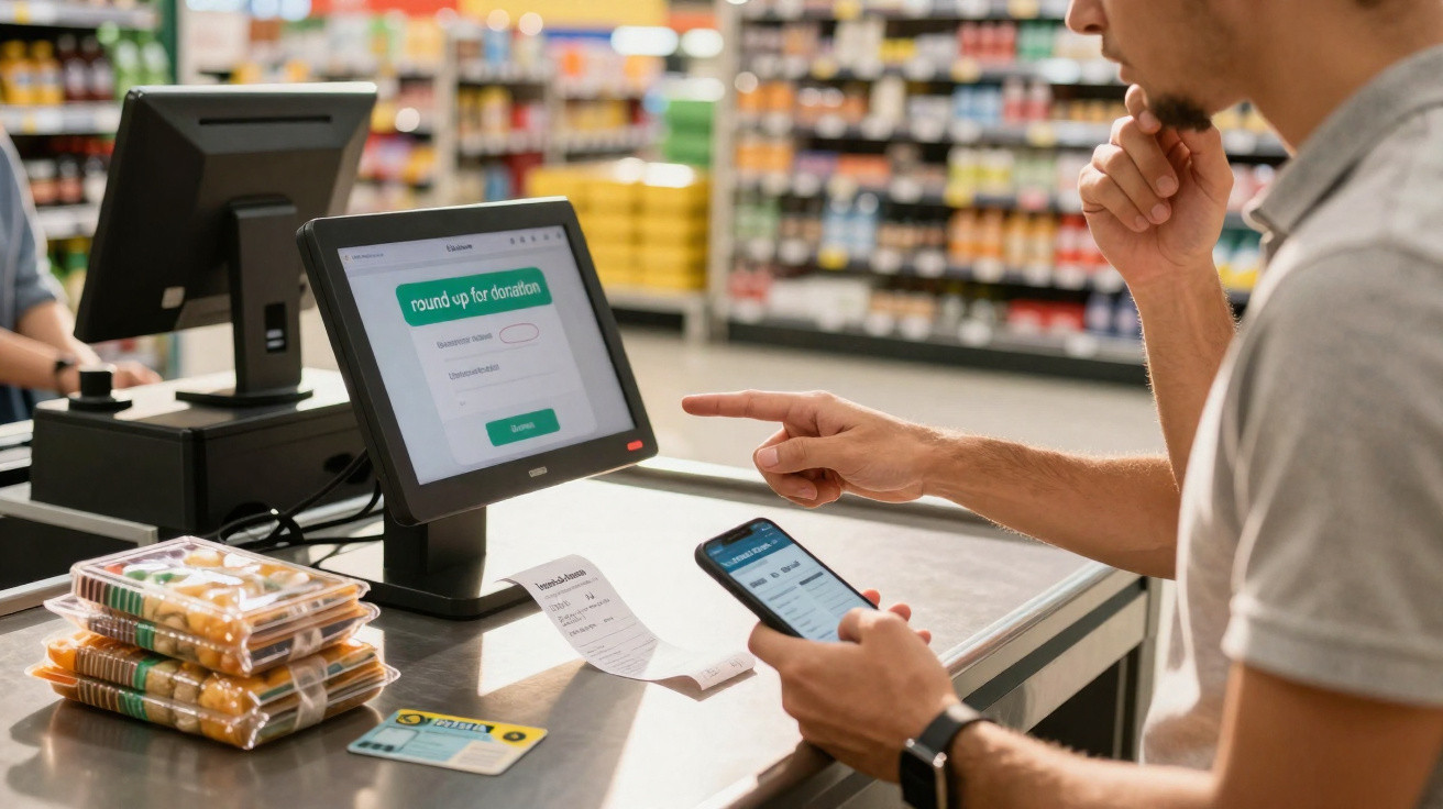 Homem usa celular para pagamento digital em caixa de supermercado com produtos embalados.