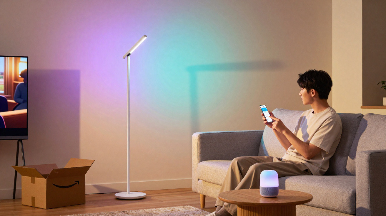 Homem sentado no sofá controlando luz colorida com celular em sala moderna com caixa aberta no chão.