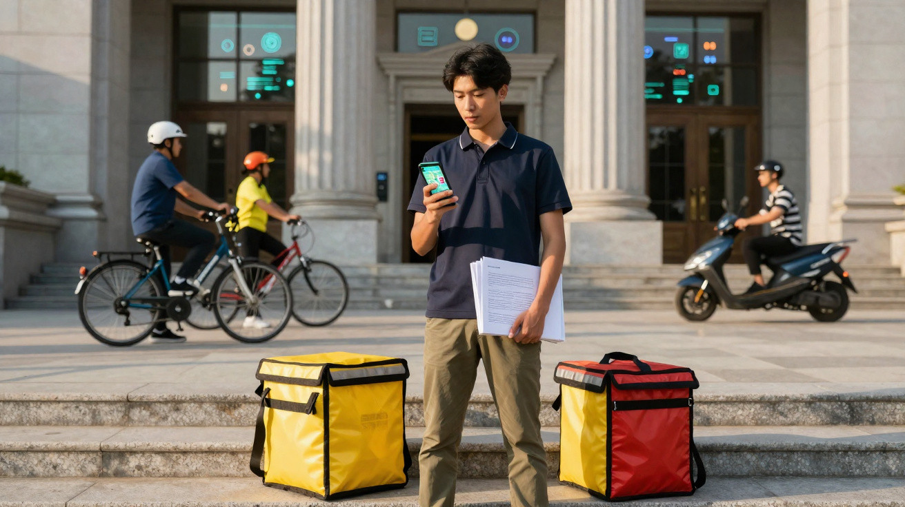 Jovem com papéis checando celular entre bolsas térmicas, ciclistas e motociclista passam atrás de prédio.