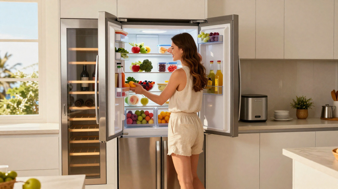 Mulher de camiseta regata e shorts bege pegando frutas frescas na geladeira moderna na cozinha clara.