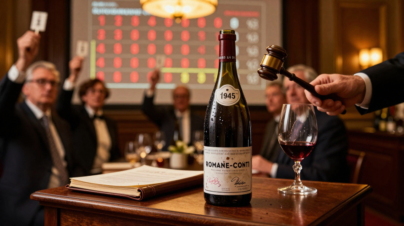 Leilão de vinho com garrafa Romane-Conti 1945 em destaque e licitantes ao fundo.