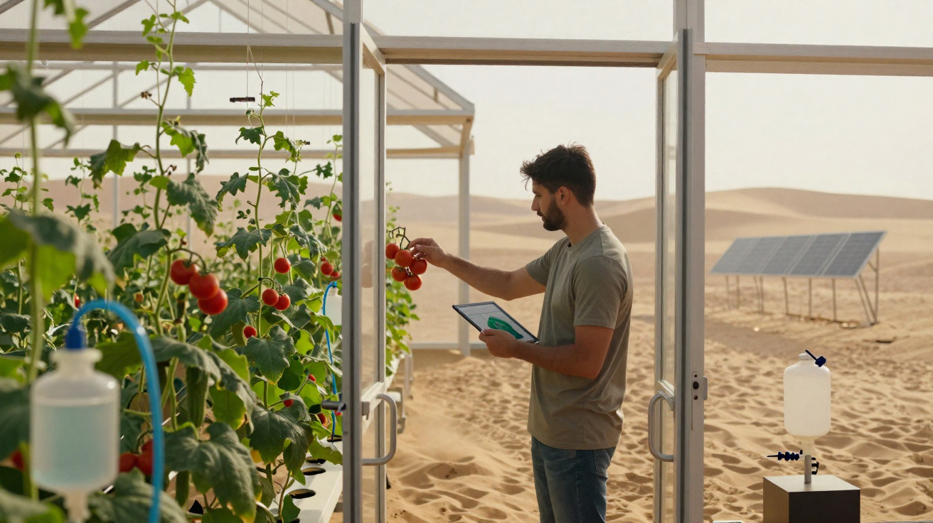 Homem verifica tomates em estufa no deserto com painéis solares ao fundo e tablet na mão.