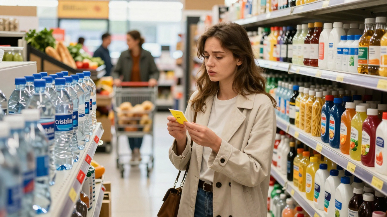 Mulher jovem lendo lista de compras no corredor de bebidas de supermercado.