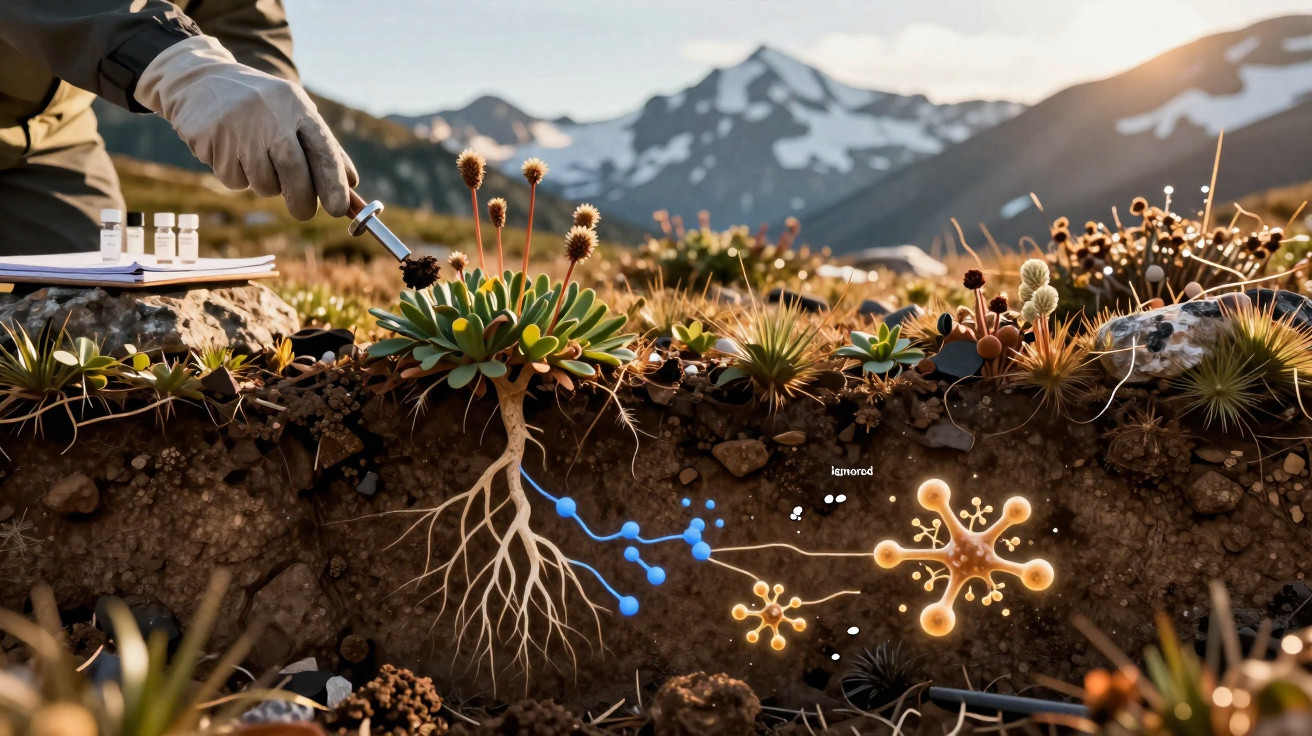 Pesquisador coleta amostra do solo com plantas e raízes, destacando microrganismos em ambiente montanhoso.