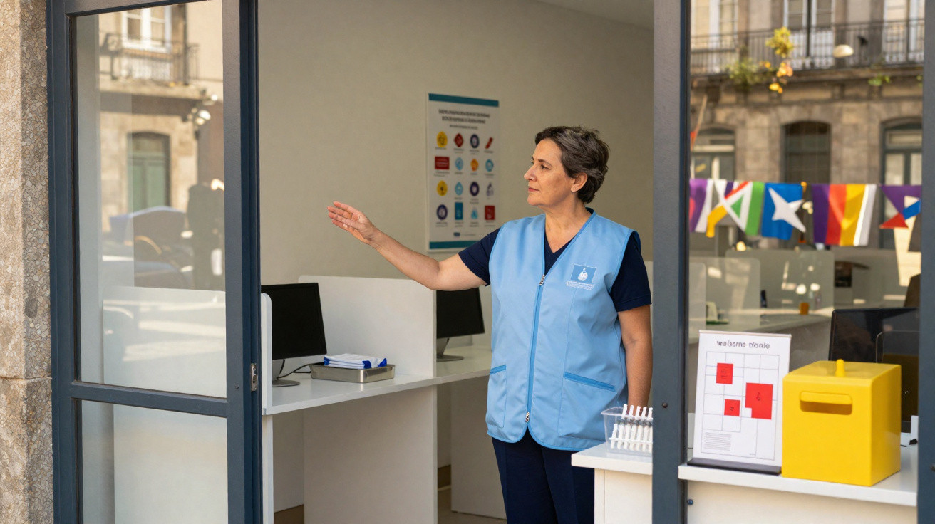 Mulher com colete azul abrindo porta de vidro em ambiente de escritório com computadores.