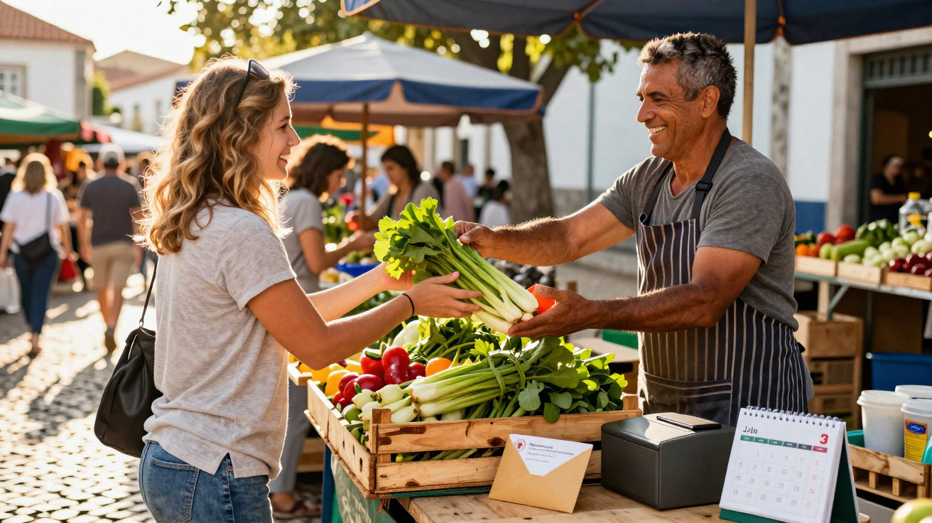 Mulher comprando legumes frescos de um vendedor sorridente em feira ao ar livre ensolarada.