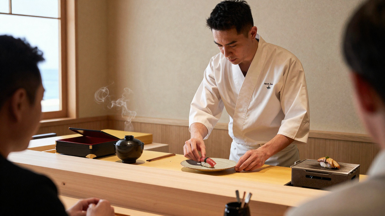 Chef japonês preparando sushi para clientes em restaurante tradicional.