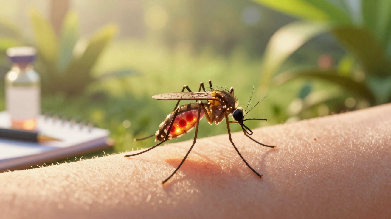Mosquito Aedes aegypti pousado em braço humano com fundo desfocado de caderno e plantas.