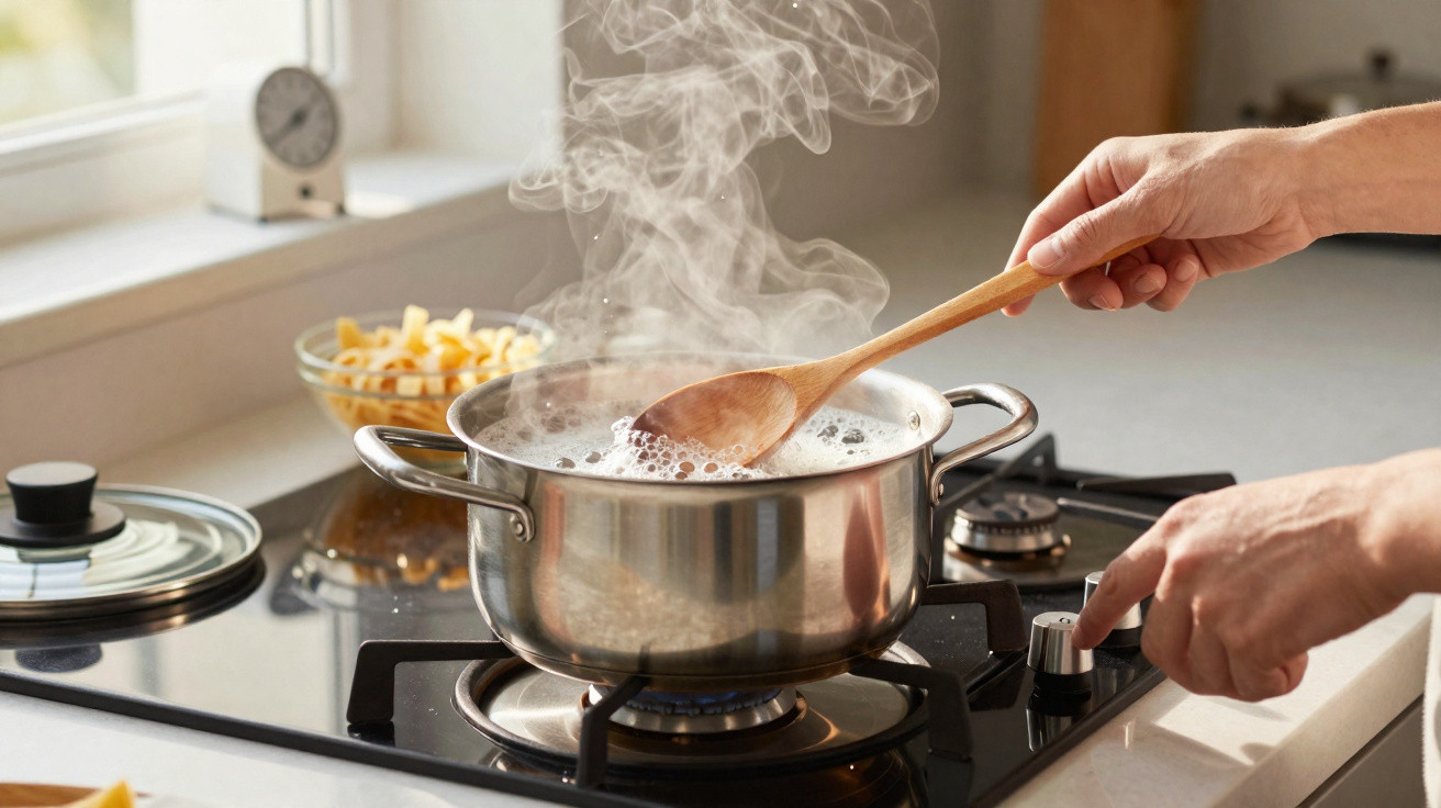 Panela com água fervendo no fogão, com uma mão mexendo a água com colher de pau e outra ajustando o fogo.