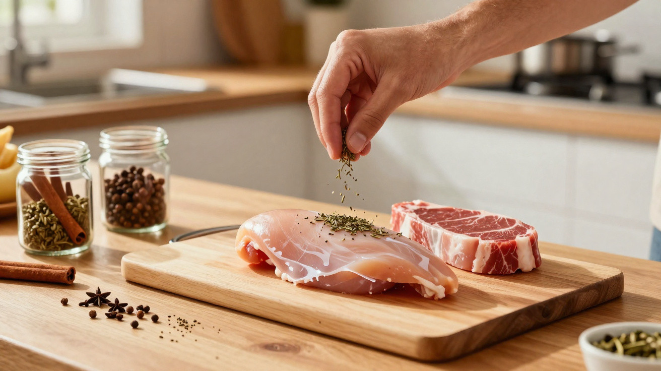 Mão temperando peito de frango cru em tábua de madeira, com bife cru e temperos ao redor na bancada da cozinha.