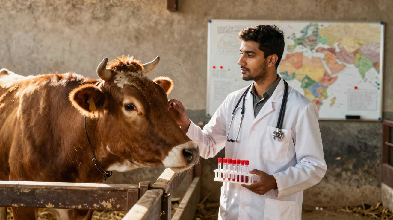 Veterinário examina vaca em curral enquanto segura amostras de sangue em tubo de ensaio.
