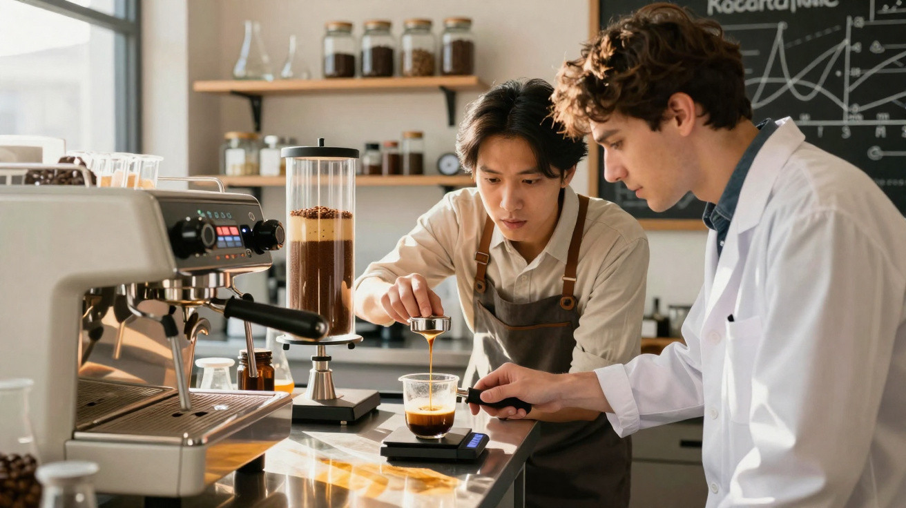 Dois homens preparam café espresso em uma cafeteria com equipamento profissional e prateleiras de grãos ao fundo.