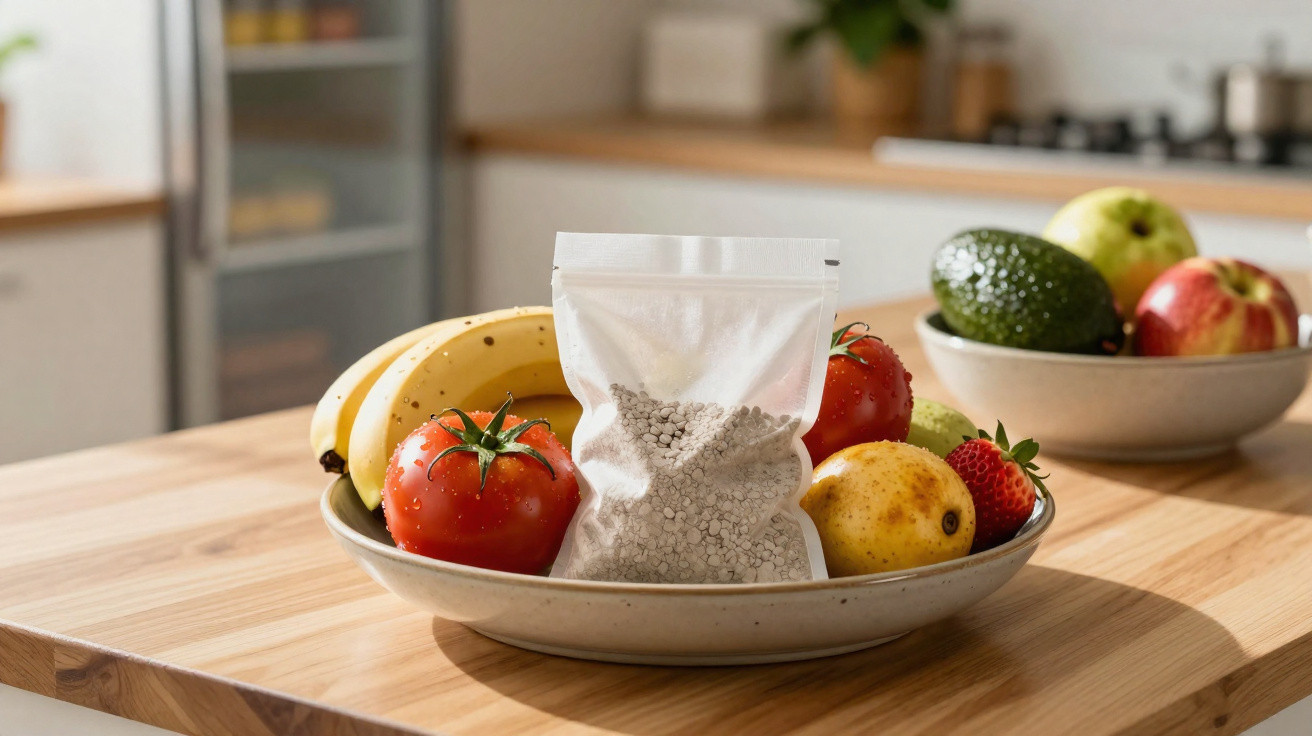 Pote branco com sementes ao centro, cercado por frutas e legumes em prato sobre mesa de madeira na cozinha.
