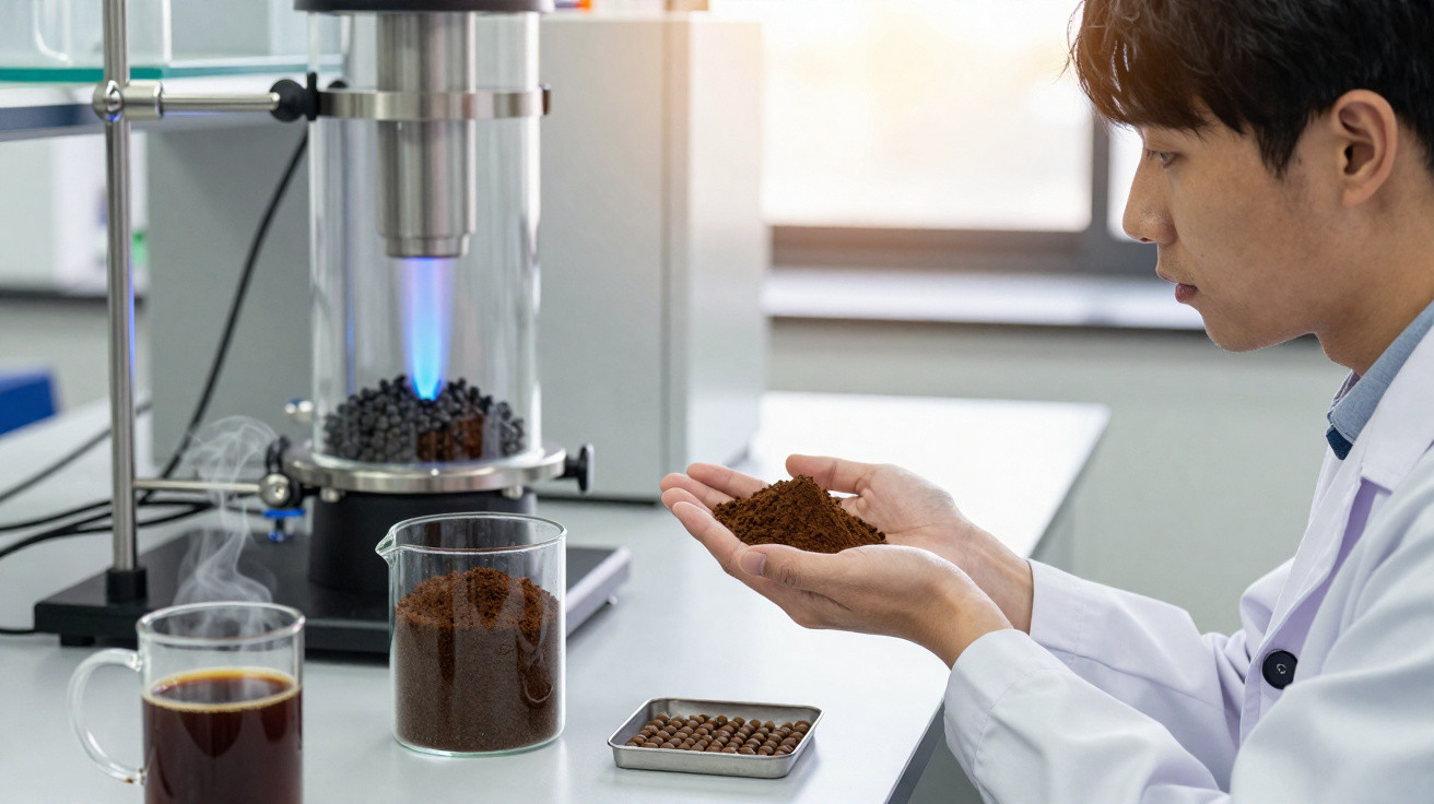 Homem de jaleco branco segurando pó de café em laboratório com equipamentos e xícara de café na bancada.
