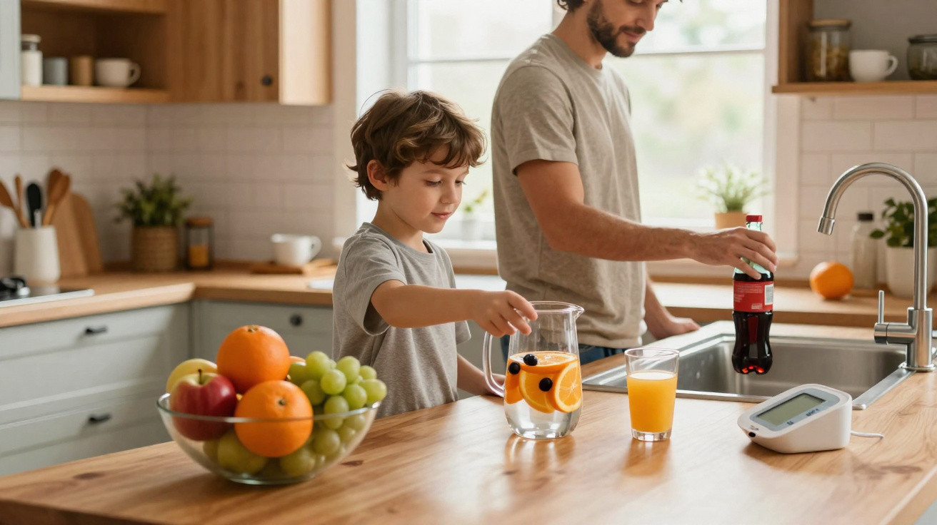 Criança e homem preparando bebidas na cozinha com frutas na bancada e iluminação natural pela janela.