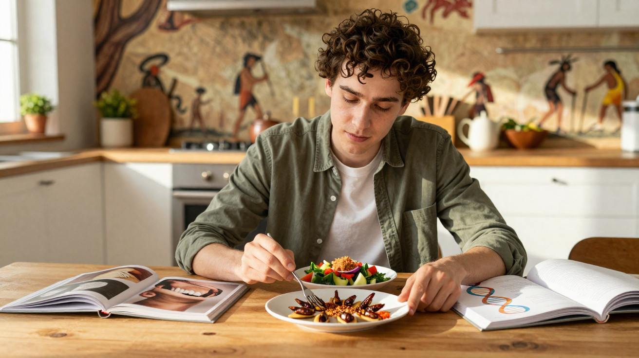 Jovem sentado à mesa comendo insetos enquanto estuda com livros abertos na cozinha.