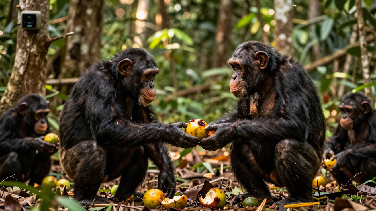 Dois chimpanzés trocando frutas em floresta, com outros chimpanzés ao fundo.