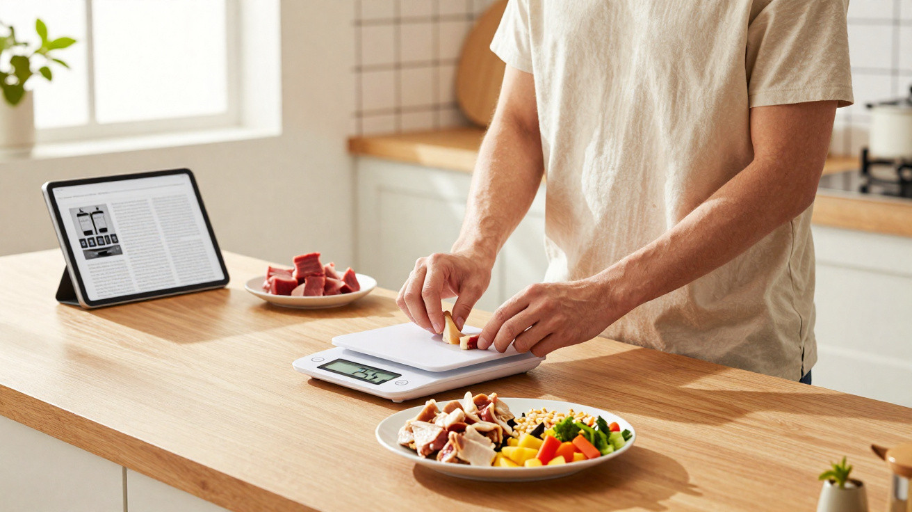 Pessoa pesando pedaços de alimento em balança digital, com prato de legumes e tablet ao fundo na cozinha.