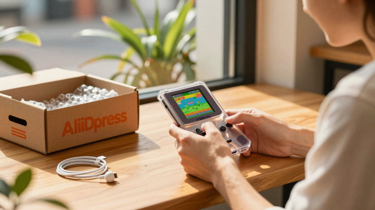 Pessoa jogando videogame portátil transparente em mesa de madeira, com caixa AliExpress e fones de ouvido ao lado.