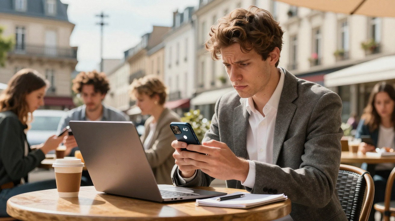Homem sério usando celular sentado em mesa de café ao ar livre, com laptop e caderno.
