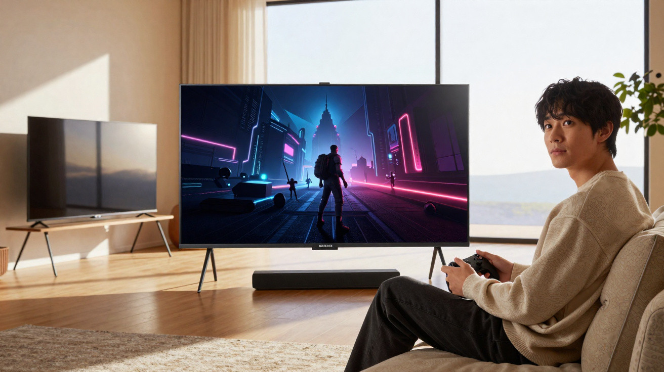 Jovem sentado no sofá jogando videogame em TV grande com cenário futurista neon na tela.