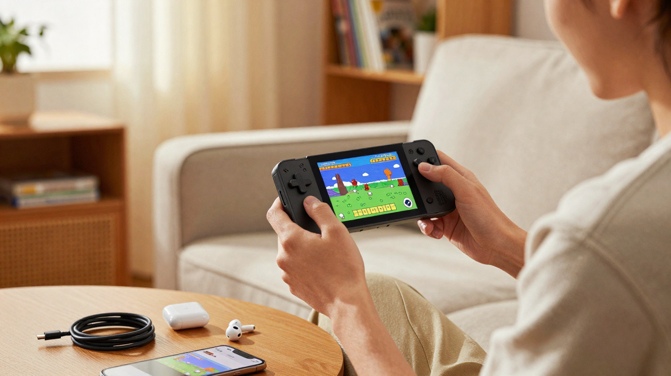 Pessoa jogando videogame portátil sentado em sofá, com fones e celular sobre mesa de madeira à frente.