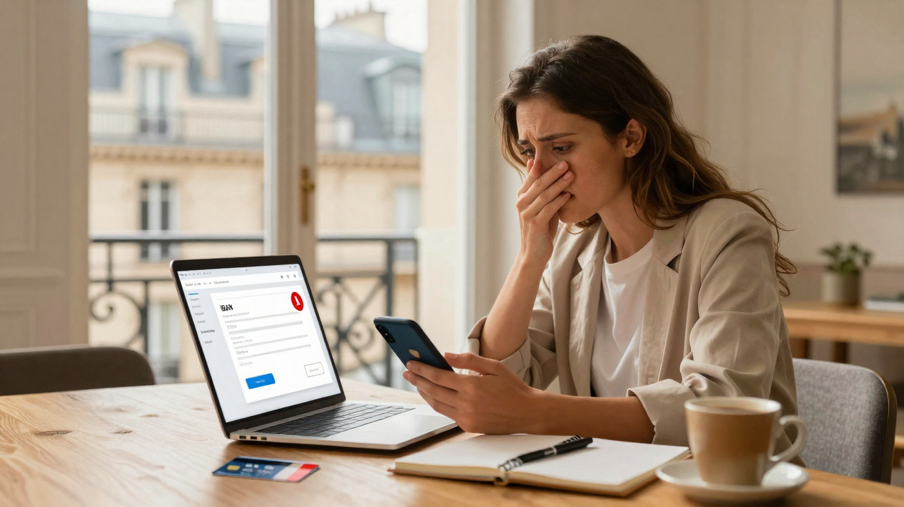 Mulher preocupada verifica mensagem de erro no site do banco no laptop enquanto segura celular.