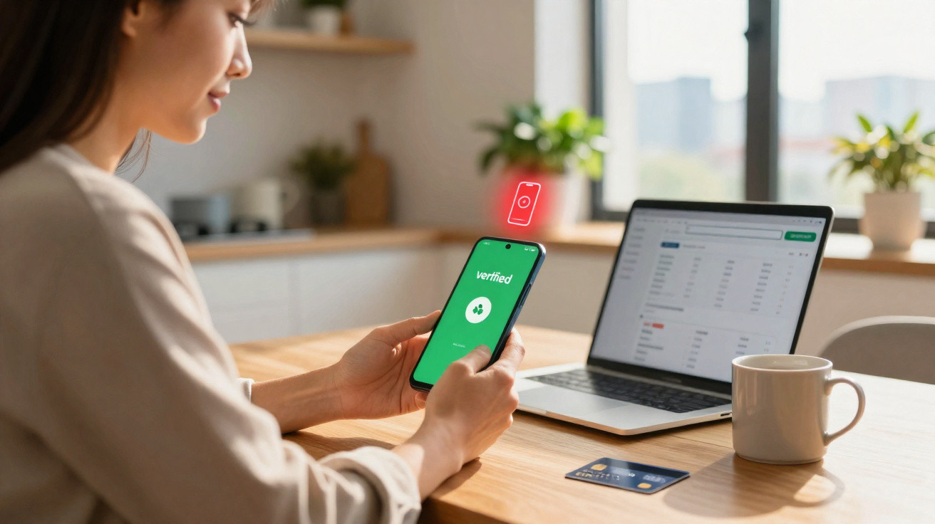 Mulher usando celular com tela de verificação ao lado de laptop, cartão e caneca sobre mesa em ambiente claro.