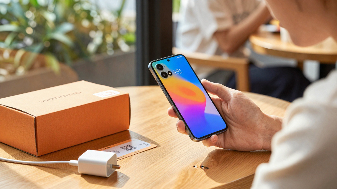 Pessoa segurando celular com tela colorida em mesa de madeira com caixa e carregador.