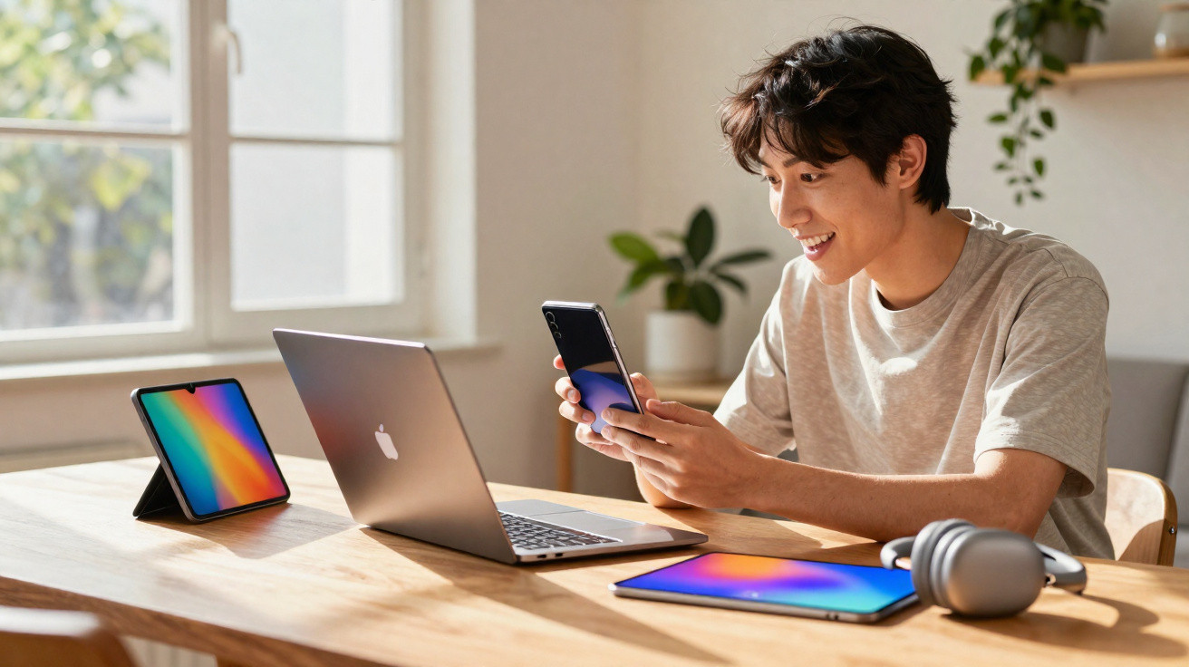 Jovem sorrindo usando smartphone com laptop, tablet e fones sobre mesa em ambiente iluminado.