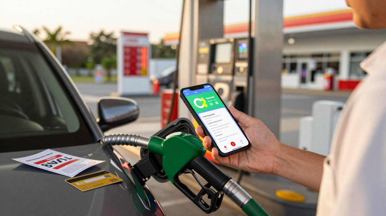 Pessoa segurando celular com app aberto ao abastecer carro em posto de combustível ao entardecer.