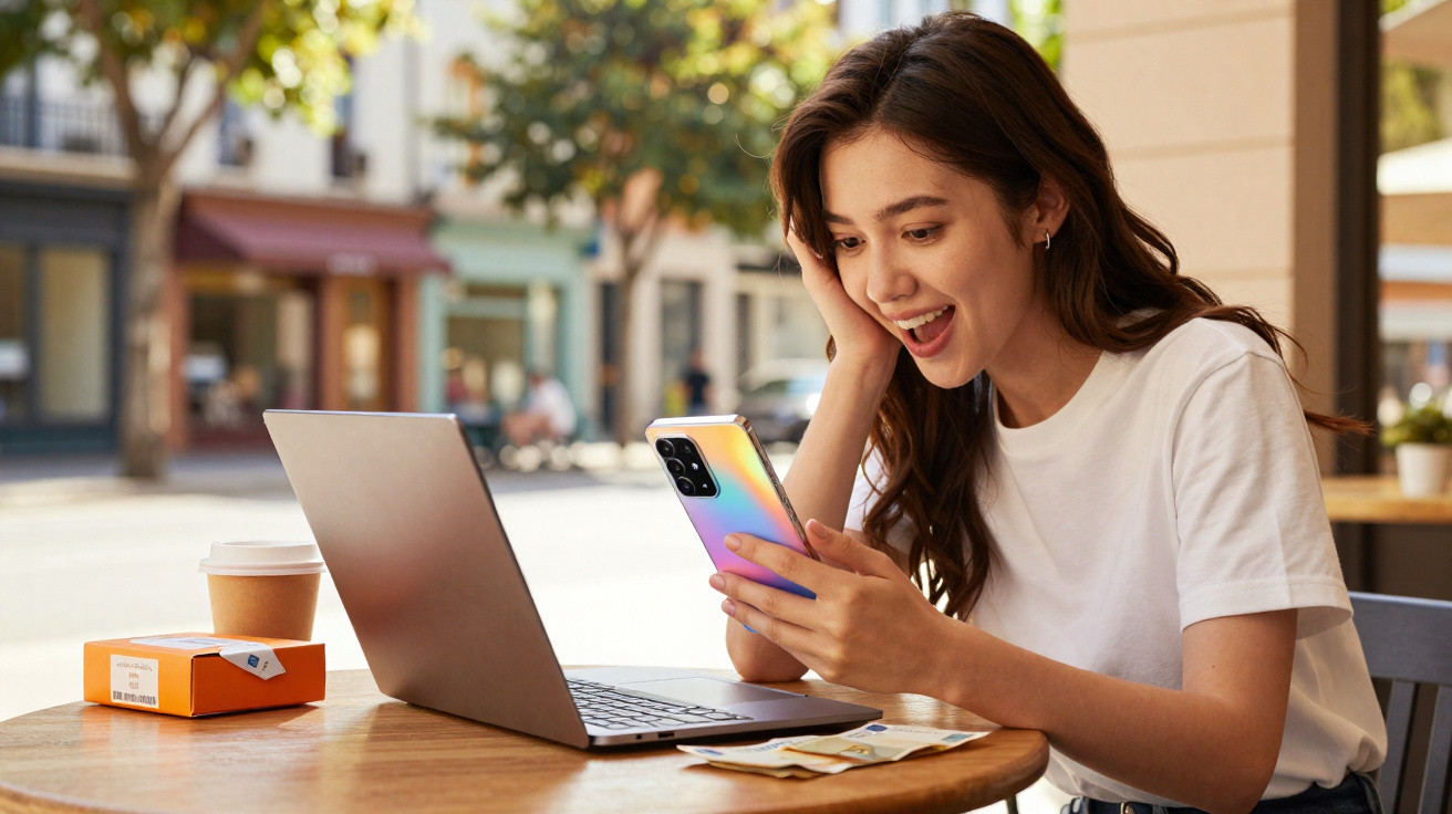 Jovem sorrindo ao usar smartphone com laptop e café em mesa ao ar livre em dia ensolarado.