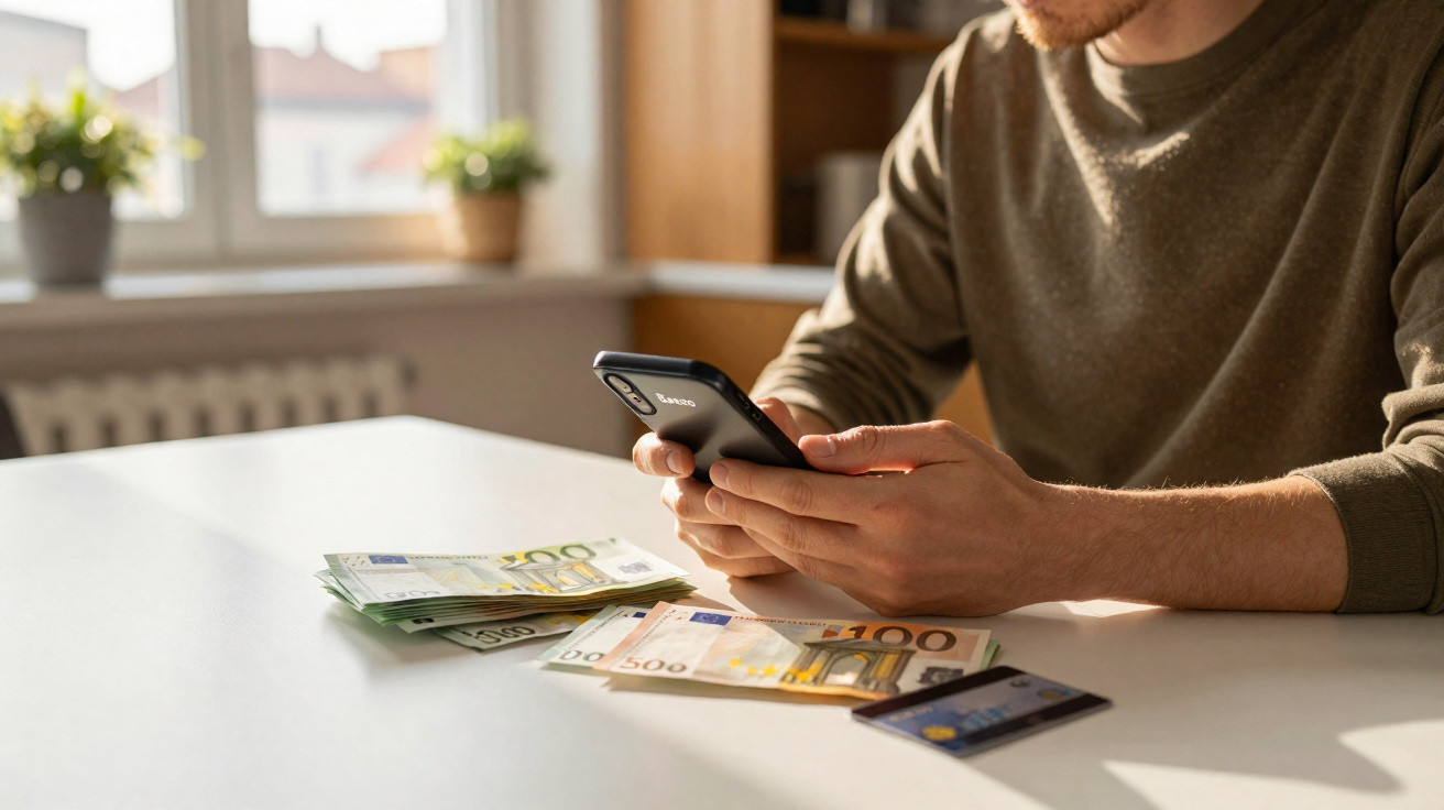 Pessoa segurando celular com várias notas de euros e cartão de crédito sobre mesa em ambiente iluminado.