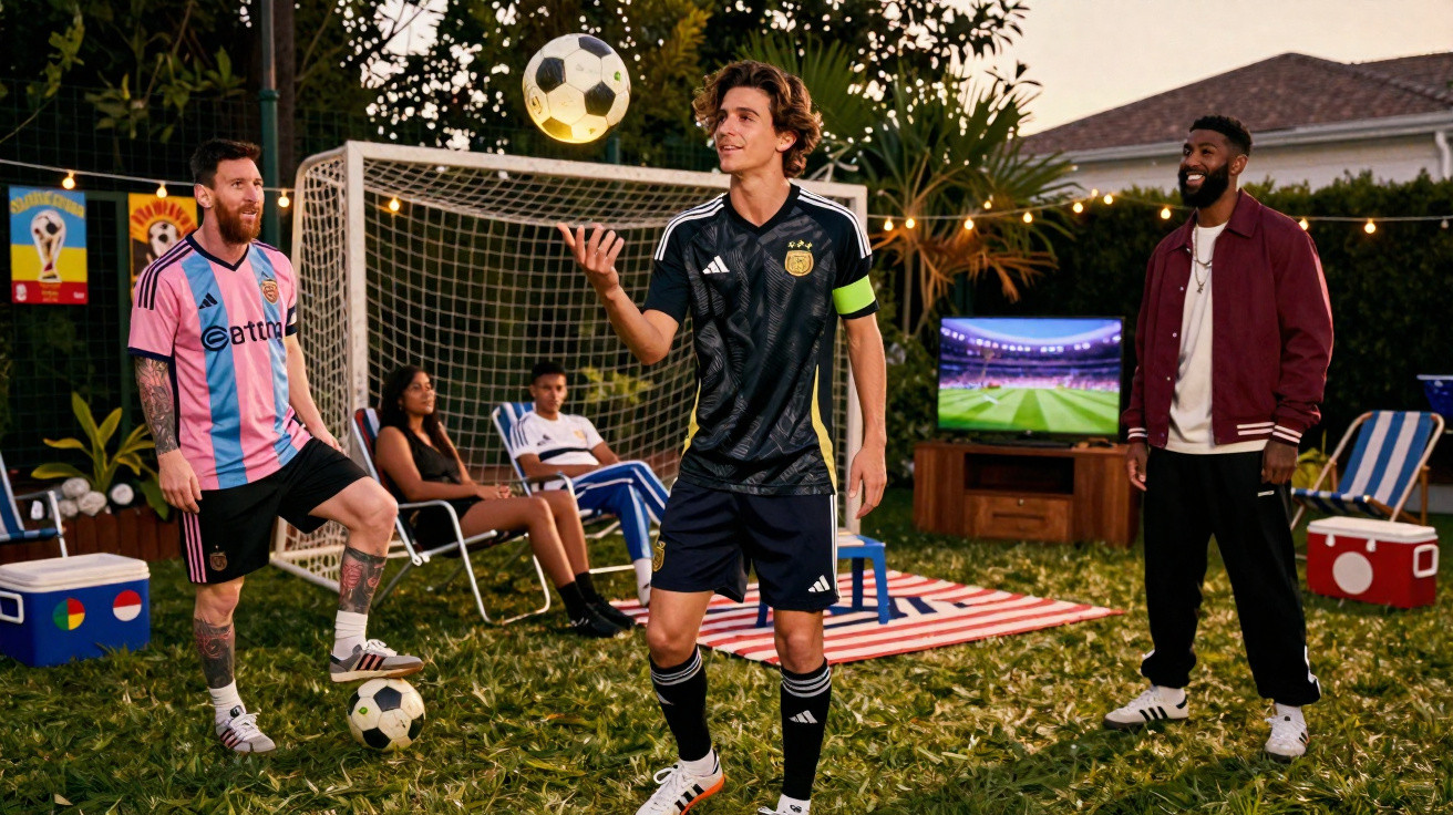 Grupo de amigos em um jardim com bola de futebol e televisão ao fundo exibindo jogo.