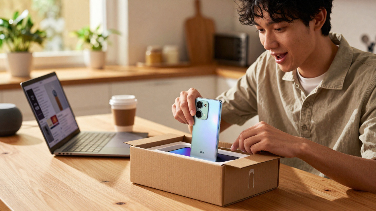 Jovem desembalando smartphone prateado enquanto está sentado à mesa com notebook e copo de café.