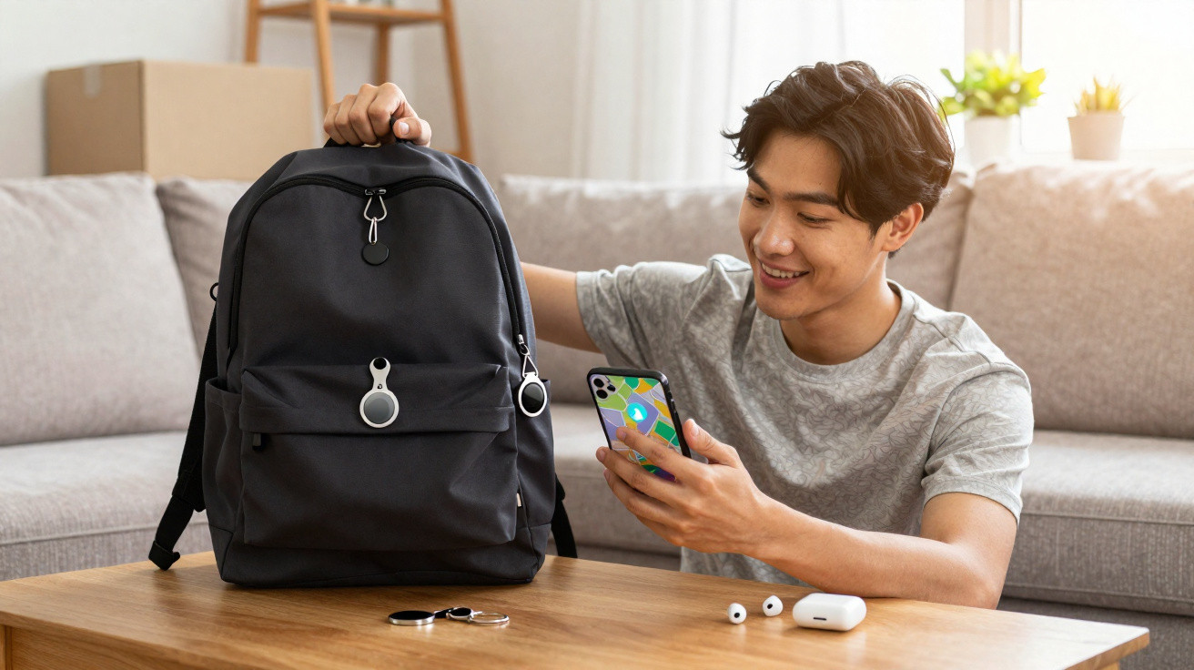 Homem sorridente mostrando mochila preta com chaveiro e segurando celular em sala iluminada.