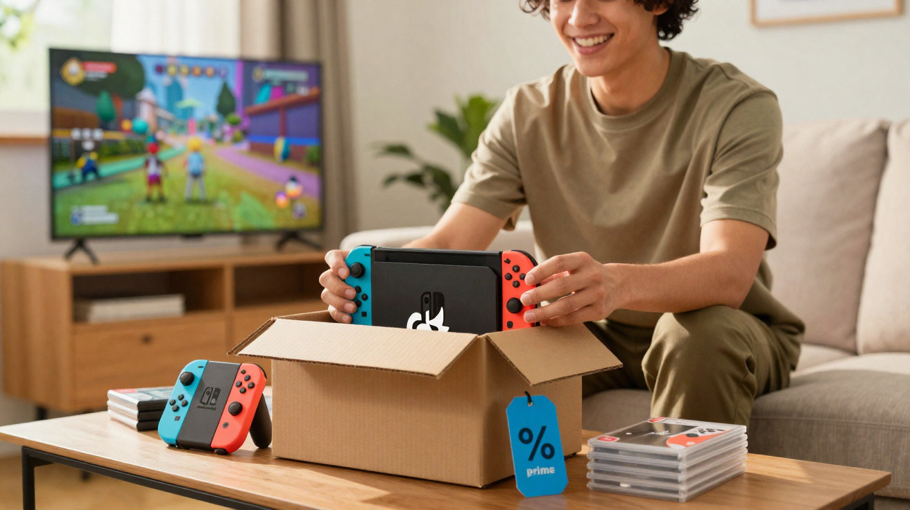 Jovem sorrindo enquanto tira um console Nintendo Switch de uma caixa em uma sala com TV ligada ao fundo.